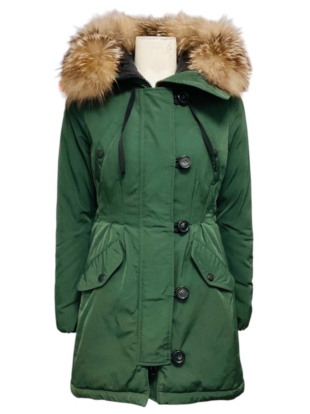 MONCLER OLIVE GREEN AREDHEL DOWN PUFFER PARKA COAT WITH FOX FUR TRIM